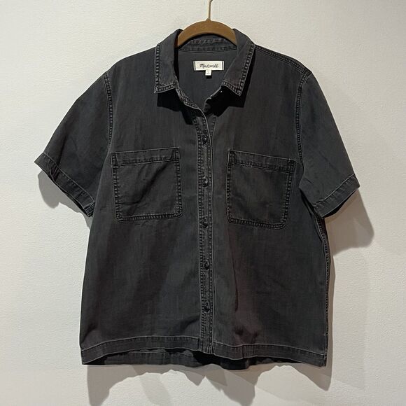 Madewell Denim Short-Sleeve Button-Up Shirt Women’s Large Gray Lunar Wash Boxy - Picture 1 of 8